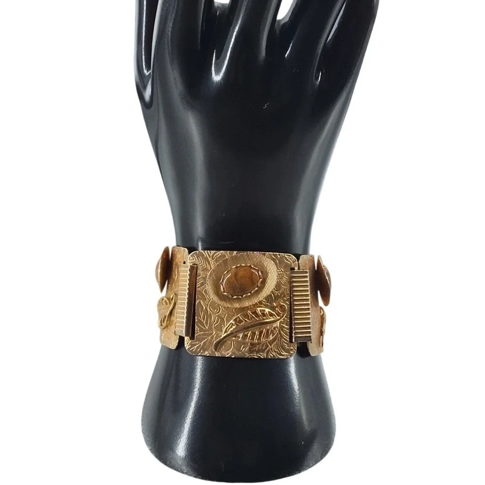 Vintage‎ 1970s Brutalist Tiger's Eye 5-Panel Link Bracelet Gold Tone 8